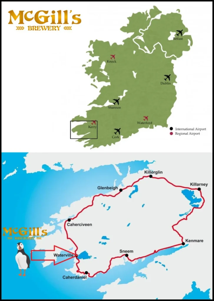 Ireland's Airport Map, with detail of Kerry and McGill's Location in Waterville, Kerry.